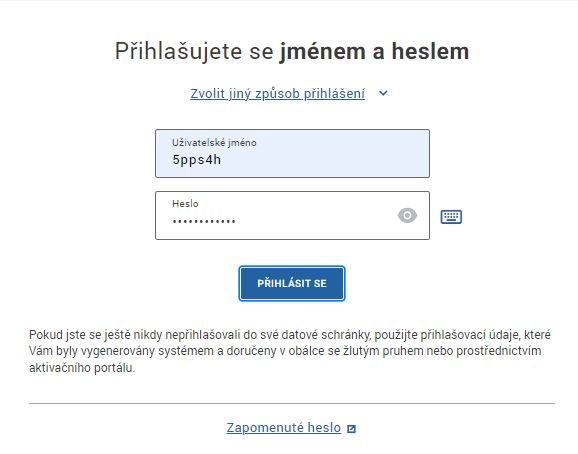 Přihlášení do datové schránky