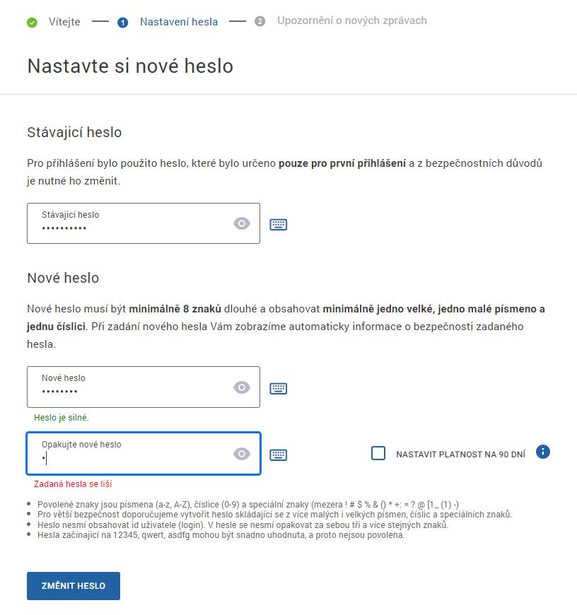 Informace o nutnosti změny prvotního hesla