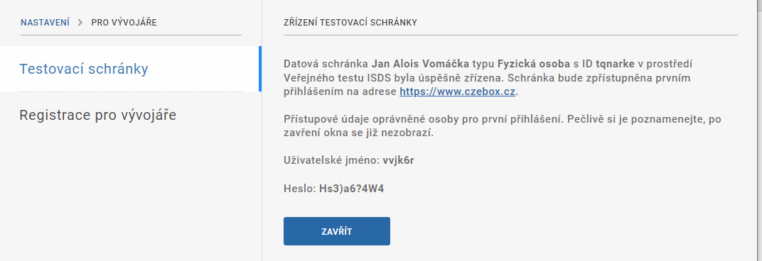 Výsledek založení schránky ve veřejném testovacím prostředí